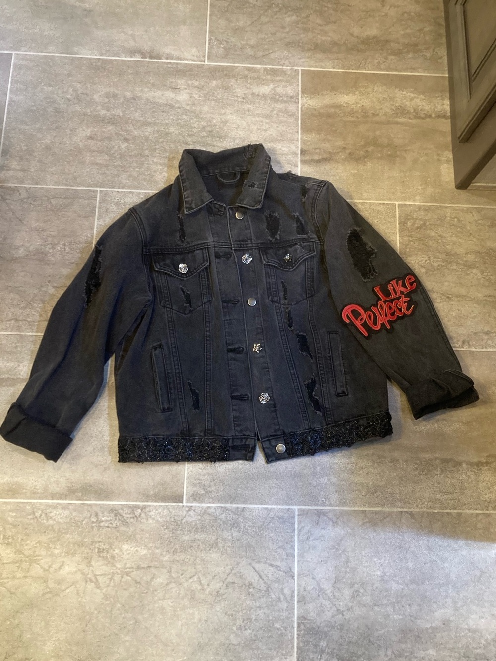 “Wisdom” Black Distressed Denim Jacket with Red Snake Appliqué - Picture 7 of 9